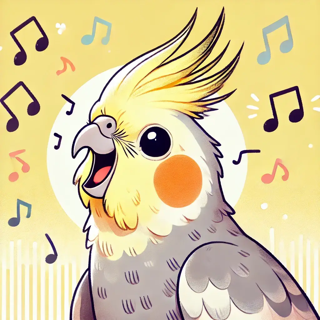 Desenho criado por IA de uma calopsita de mutação canela cantando, com símbolos de notas musicais.